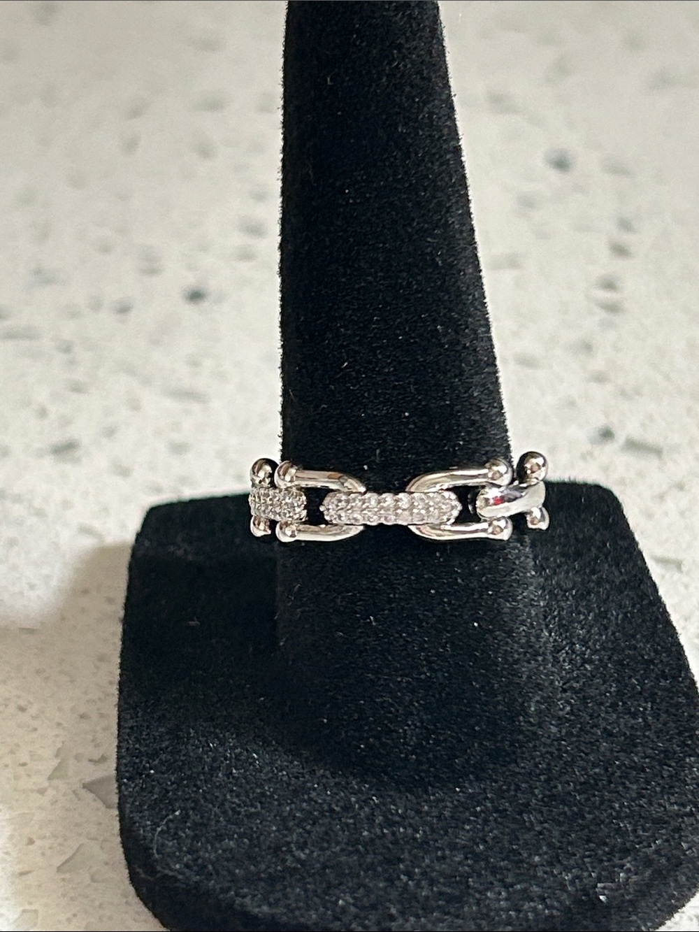 Sterling Silver Chain-Link Pave Moissanite Ring  - Adjustable